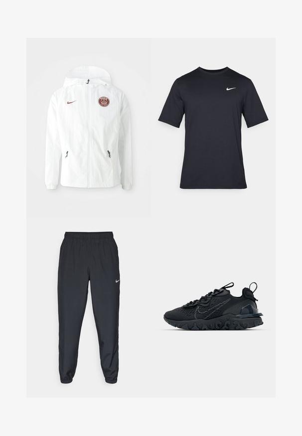 Chaqueta cortavientos blanca con capucha, que presenta un logo marón de PSG en el lado izquierdo del pecho, bolsillos laterales con cremallera y puños elásticos.; Camiseta negra de manga corta de Nike hecha de tela suave, con un logo de swoosh blanco en la parte superior izquierda y cuello cuadrado.; Pantalones deportivos negros hechos de tela ligera con una cinturilla elástica, puños en los tobillos y un discreto logo de Nike en el lado izquierdo.; Zapato deportivo negro con una parte superior de malla transpirable, acentos texturizados y una suela de goma ondulada. Presenta un logotipo reflectante y un sistema de cordones.