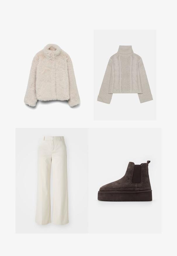 Jakna od lažne krzno u nježno bež boji, s visokim ovratnikom, dugim rukavima i kutijastim krojem, s teksturiranom, pahuljastom površinom. Nema vidljivih zatvarača.; Skraćeni, svijetlosivi pleteni pulover s visokim ovratnikom i rebrastim manžetama, sa teksturiranim cables uzorak na leđima i stranama.; Hlače širokih nogavica u svijetloj bež boji, izrađene od glatke tkanine. Imaju klasičnu elastičnu traku u struku i ravni prednji dio s čistim linijama.; Smeđe nubuk Chelsea čizme s elastičnim bočnim panelima i debelim, teksturiranim potplatima. Imaju traku za povlačenje na peti radi lakšeg obuvanja.