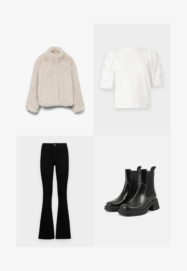 Fuskpälsjacka i mjuk beige färg med hög krage, långa ärmar och en fyrkantig form, med en texturerad, fluffig yta. Inga synliga stängningar.; Vit bomulls t-shirt med korta puffärmar, prydd med små silverdetaljer längs ärmarna. Klassisk rund halsringning, avslappnad passform.; Svarta högmidjade jeans med knäppning och dragkedja, frontfickor och utsvängda ben, liggande platt på en vit bakgrund.; Svarta läder Chelsea-boots med en kraftig klack, elastiska sidpaneler och kontrasterande vit sömnad. Texturerad yta.
