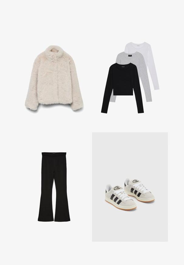 Jakke i falsk pels i myk beige, med høy krage, lange ermer og boksform, med en teksturert, fluffy overflate. Ingen synlige lukninger.; Tre lange ermer t-skjorter stablet: svart, grå og hvit. Hver har en rund hals og et kort design med glatt, lett stoff.; Sorte flared leggings laget av stretchy stoff. Har en bred midjebånd og en glatt tekstur, med en tettsittende silhuett som blir videre nedover.; Grå semsket sneakers med hvite lisser, svarte striper og en hvit gummisåle. Har en sirkulær logo på tungen og en gummisåle.