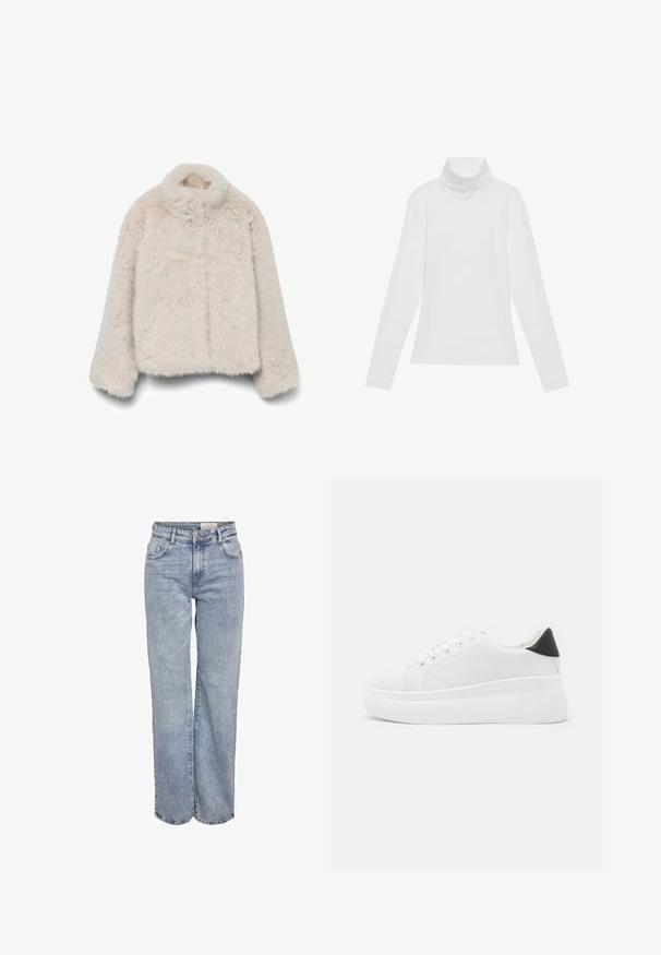 Jachetă din blană ecologică într-o nuanță delicată de bej, având un guler înalt, mâneci lungi și o formă lejeră, cu o suprafață texturată, pufoasă. Fără închideri vizibile.; Tricou alb cu mâneci lungi și guler înalt, realizat dintr-un material neted și elastic. Dispune de un design ajustat, fără modele vizibile sau embellishments.; Jeans din denim, de un albastru deschis, cu croială largă, talie înaltă, design cu cinci buzunare și o ușoară decolorare pentru un aspect purtat.; Adidași albi cu platformă, fabricați din material sintetic neted, cu vârf rotund, design cu șireturi și talpă din cauciuc texturat. Accente negre la călcâi.