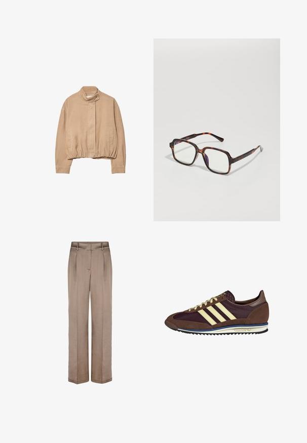 Beige corduroy jacket with a high collar, elasticized hem, and front snap closure. Features side pockets and ribbed texture.; Gray sweatshirt with "PARIS" in bold, light blue lettering across the front. Features a round neckline and ribbed cuffs and hem.; Beige wide-leg trousers with a smooth texture, featuring a flat front, two pleats, and side pockets. Designed from lightweight fabric.; Brown and burgundy sneaker with suede and mesh materials, featuring three cream stripes, textured fabric on the tongue, and a rubber sole.; Tortoiseshell sunglasses with square frames, clear lenses, and slender temples featuring a subtle logo detail. Matte and glossy finish.; Large black and beige patterned shoulder bag with a soft, textured finish and adjustable leather straps. Features subtle metal accents.