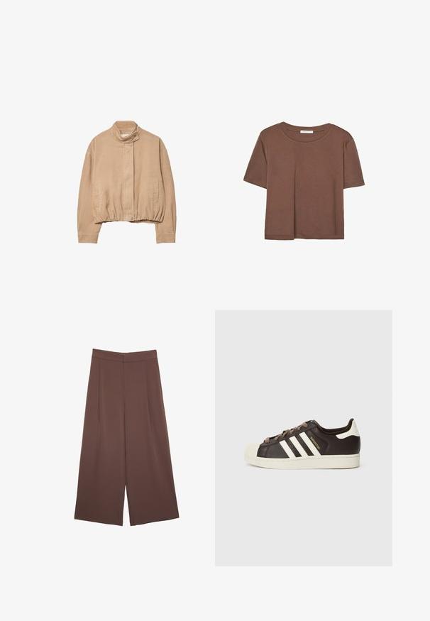Beige corduroyjas met een hoge kraag, elastische zoom en drukknopen aan de voorkant. Beschikt over zijzakken en ribbeltextuur.; Korte mouwen T-shirt in bruin, gemaakt van een zachte stof, met een ronde halslijn en een relaxte pasvorm. Geen zichtbare patronen of accenten.; Bruine wijde broek met een gladde textuur, voorzien van een hoge taille en plooien aan de voorkant. De stof is lichtgewicht en valt losjes.; Low-top Adidas Superstar sneaker in donkerbruin leer met crème shell-toe, witte strepen en de tekst "Superstar" aan de zijkant.