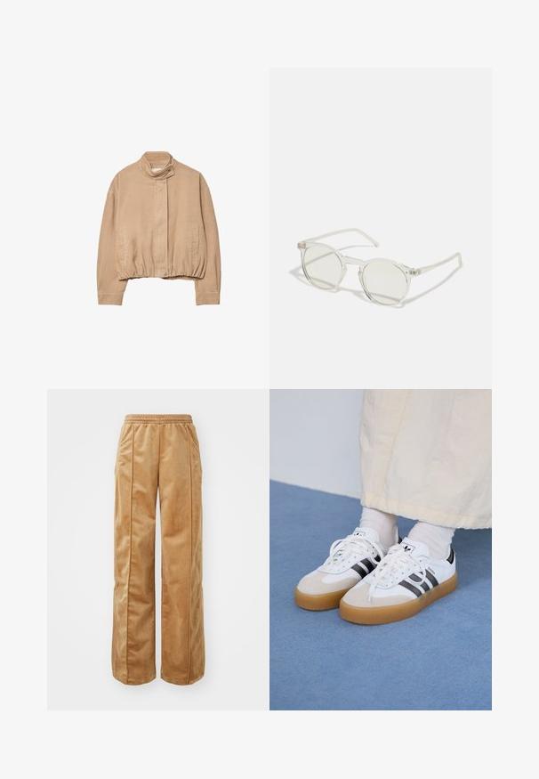 Bež žametna jakna z visokim ovratnikom, elastičnim robom in sprednjim zapiranjem na pritiskače. Ima stranske žepe in rebrasto teksturo.; Bela bomba majica s kratkimi rokavi, ki ima okroglo grafično oznako v zeleni in rumeni barvi, na kateri je napis "Adidas Originals" in vzorci sadja.; Tamne široke hlače iz mehke, žametne tkanine. Imajo elastičen pas in vertikalne šive spredaj za dodaten detajl.; Bele tene škornje s črnimi črtami in bež usnjenimi detajli. Imajo teksturirano gumijasto podplat in ravne bele vezalke, nosijo se z svetlimi nogavicami.; Okrogle sončna očala s prozornim okvirjem, svetlo zelenimi lečami in tankimi, prozornimi ročaji. Imajo subtilne kovinske poudarke na okviru.