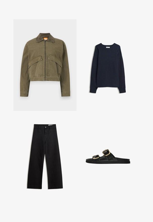 Rövidített olíva zöld dzseki tartós anyagból, kordbársony gallérral, elülső cipzárral és két nagy, melltartó zsebbel.; Nadrágkék V nyakú pulóver, hosszú ujjakkal, bordás mandzsettákkal és szegéllyel. Puha kötött anyagból készült, laza szabású és minimalista dizájnú.; Fekete, bő szabású farmernadrág magas derékkal, elülső és hátsó zsebekkel, varrott felületekkel és gombos záródással. Sima textúra.; Fekete csúszó szandál, két arany csattal, sima textúrájú anyagból, lapos talppal és minimalista dizájnnal.