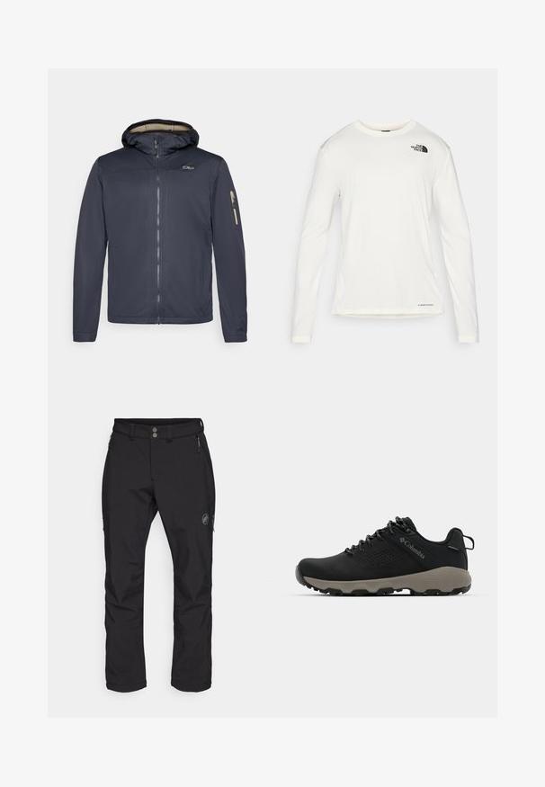 Marine vanntett jakke med glidelås foran, justerbar hette, sidelommer og en glidelåslomme på ermet. Glatt stoftekstur og tettsittende design.; Hvit langermet skjorte med rund hals, teksturert stoff, svart logo på venstre skulder, og subtil merkevareplassering nederst.; Sorte utebukser med rett ben design, laget av slitesterkt stoff. Har to frontlommer med glidelås og en logo på låret.; Svart tursko med glatt overdel, perforert design, grå såle og forsterket hæl. Har snøringer og en pull-tab for enkel påkledning.