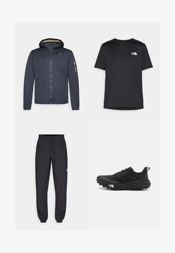 Námornícko modrá vodeodolná bunda so zipsom vpredu, nastaviteľnou kapucňou, bočnými vreckami a vreckom na zips na rukáve. Hladká textúra látky a priliehavý strih.; Čierne tričko s krátkym rukávom vyrobené z ľahkej tkaniny. Obsahuje malé biele logo na ľavej hrudi a jemné akcenty na pleciach.; Čierne športové nohavice vyrobené z ľahkej tkaniny, s elastickým pásom na šnurovanie, bočnými vreckami a zúženými manžetami na členkoch.; Čierne trailové behacie topánky s štruktúrovaným zvrškom, gumovou podrážkou a vystuženou špičkou. Obsahuje polstrovaný golier a úchyt na jednoduché obúvanie.