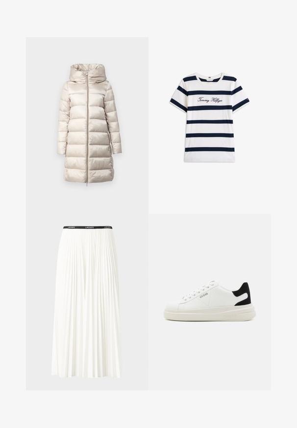 Beige színű puffertakaró, kapucnival, vízszintes tűzött mintával, teljes hosszúságú cipzárral és hosszú ujjal. Simának és fényesnek tűnő anyag.; Fehér alapú, vízszintes sötétkék csíkos pamut póló. A mellkason írásos stílusban hímzett "Tommy Hilfiger" felirat. Kerek nyakú.; Plisszírozott fehér szoknya fekete elasztikus derékkal, amelyen a "LACOSTE" logó található. Középhosszú kialakítás, puha tapintással.; Fehér bőr sportcipők vastag fehér talppal, fekete velúr sarokpikkelyel és dombornyomott logóval az oldalon. Fűzős kialakítás, hat fűzőlyukkal.