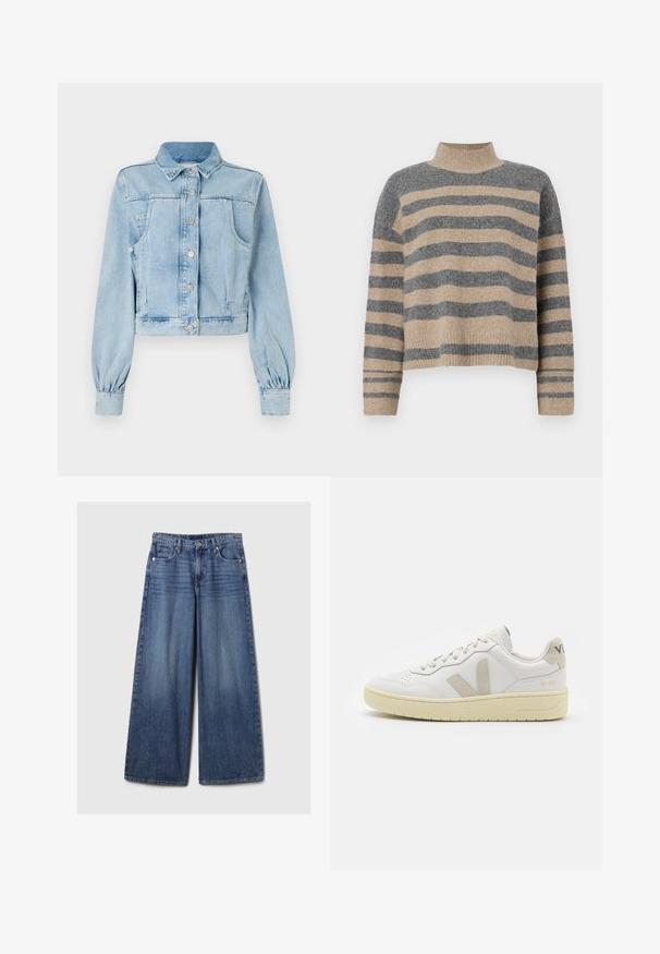Giacca di jeans cropped di colore blu chiaro, con bottoni frontali, colletto, due tasche sul petto e maniche arricciate. Texture morbida e design classico.; Maglione a righe realizzato in maglia, nei colori grigio e beige, con collo alto, maniche larghe con polsini e una vestibilità rilassata con un design corto.; Jeans in denim blu a gamba larga con una finitura sbiadita, dotati di chiusura a bottone e zip, cinque tasche e passanti per cintura.; Sneaker in pelle bianca con dettagli in suede beige, punta perforata, lacci piatti e suola testurizzata color crema. Presenta un logo discreto sul tallone.