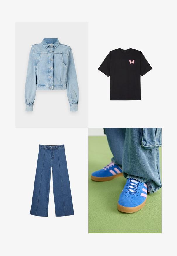 Svijetloplava skraćena traper jakna s dugmadi sprijeda, ovratnikom, dva džepa na prsima i skupljenim rukavima. Mekana tekstura i klasičan dizajn.; Crna pamučna majica s kratkim rukavima, s malim grafičkim prikazom ružičaste vjetricaste s desne strane na prsima. Dizajn s okruglim izrezom i opuštenim krojem.; Široke traperice u srednje plavoj boji, s visokim strukom, zatvaranjem na dugme i kontrastnim vertikalnim šavovima duž prednje strane.; Plave zamšne cipele s ružičastim prugama i bijelim vezicama, s gumenim potplatom, u kombinaciji s širokim trapericama na zelenoj podlozi.