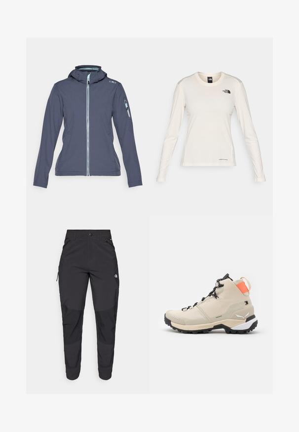 CMP ZIP HOOD - Soft shell jacket - titanio/acqua; The North Face SHADOW LONG SLEEVE - Long sleeved top - white dune; Black outdoor pants made of durable fabric. Feature zippered pockets, reinforced knee panels, and a straight cut design for mobility.; Salewa PUEZ MID PTX - Hiking shoes - oatmeal