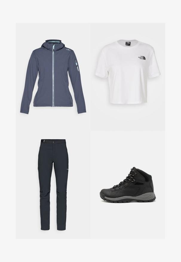 CMP ZIP HOOD - Jachetă softshell - titanio/acqua; Tricou scurt alb din bumbac, cu guler rotund și mâneci scurte. Prezintă un logo negru pe pieptul stâng.; Pantaloni de exterior pentru bărbați, gri închis, fabricați dintr-un material flexibil, cu un brâu, buzunare cu fermoar și cusături consolidate.; Botă de drumeție neagră cu un design mediu, având un material texturat, accente gri și o talpă din cauciuc durabilă cu crampoane pentru aderență.