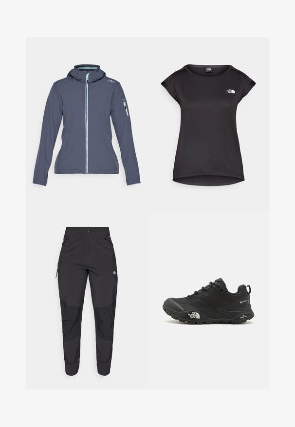 CMP ZIP HOOD - Soft shell striukė - titanio/acqua; The North Face TANKEN TANK - Sportiniai marškinėliai trumpomis rankovėmis - black; Juodos lauko kelnės, pagamintos iš patvarios medžiagos. Turi užtraukiamas kišenes, sustiprintus kelio plotus ir tiesią konstrukciją, leidžiančią laisvai judėti.; Juodas žygio batelis su tekstūruotu viršumi, su raištelių uždarymu ir storu guminiu padu, ant šono išryškintas logotipas ir raštiškai išpjauti modeliai.