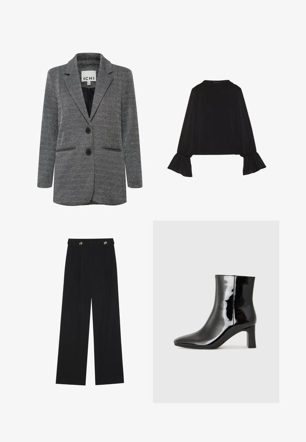 Pilkos ir juodos spalvos šunų danties rašto švarkas, turintis įpjovą apykaklėje, dvigubą mygtukų užsegimą ir dvi priekinės kišenes.; Juoda ilgomis rankovėmis palaidinė su išsiplėtusiais rankogaliais, minkšta tekstūra ir laisva forma, su paprastu apvaliu kaklu.; Juodi plačios kojos kelnės su aukštu liemeniu, sagų detalėmis ant liemens ir priekinėmis raukšlėmis.; Juodos lakuotos odinės aulinukės su smailiu pirštu ir vidutinio aukščio blokuotu kulnu. Lygus paviršius ir minimalistinis dizainas.