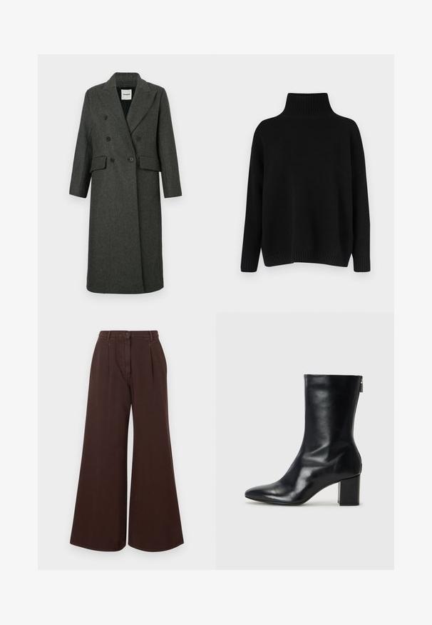 Abrigo de lana gris oscuro de mezcla, de doble botonadura, con solapas de muesca, dos bolsillos frontales y dos grandes botones negros. Diseño de manga larga y largo hasta la rodilla.; Jersey negro de punto con un cuello alto acanalado, hombros caídos y un ajuste relajado. Cuenta con puños y dobladillo acanalados para dar textura.; Pantalones marrones de pierna ancha de talle alto con cierre de botón y cremallera, trabillas para cinturón y pinzas delanteras.; Bota de cuero negro hasta el tobillo con punta afilada y tacón de bloque de 4 cm. Su diseño elegante incluye una cremallera lateral para facilitar su uso. Textura suave.