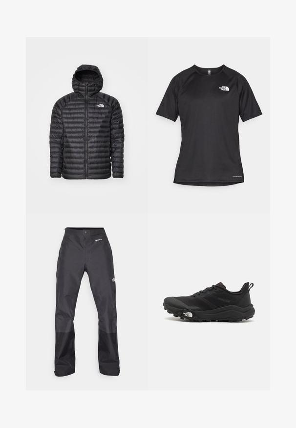 Crna podstavljena jakna s kapuljačom, s punim zatvaračem, kviltanim uzorkom i logotipom na lijevoj strani grudi. Dizajnirana za toplinu i lagodnu udobnost.; Crna kratkotrajna atletska majica s teksturiranom tkaninom, koja ima bijeli logo na lijevom prsnom dijelu i ravni rub.; Crne vodootporne hlače s glatkom teksturom, s GORE-TEX logotipom sprijeda i ojačanim donjim dijelovima nogavica za izdržljivost.; Crne trail trkačke cipele s teksturiranim gornjim dijelom, gumeni potplat i ojačana zaštita za prste. Imaju podstavljen ovratnik i trakicu za lakše obuvanje.