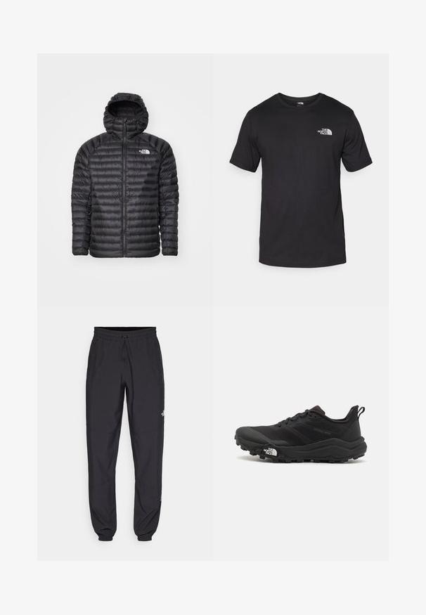 Fekete párnázott dzseki kapucnival, teljes cipzárral, steppelt textúrával és logóval a bal mellkason. Melegségre és könnyű kényelmes viseletre tervezték.; Fekete rövidujjú pamut póló, kerek nyakkivágással, a bal felső mellkason egy kis fehér logóval.; Fekete sportnadrág, könnyű anyagból készült, húzózsinóros derékkal, oldalsó zsebekkel és szűkített szárakkal a bokáknál.; Fekete terepfutó cipő, textúrált felső résszel, gumitalppal és megerősített lábujjrészével. Párnázott bokarésszel és húzófüllel rendelkezik a könnyű felhúzáshoz.