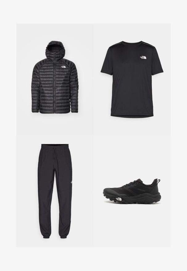 Svart polstret jakke med hette, med full glidelås, kviltet tekstur og logo på venstre bryst. Designet for varme og lett komfort.; Svart kortermet T-skjorte laget av lett materiale. Har en liten hvit logo på venstre bryst og subtile skulderdetaljer.; Sorte idrettsbukser laget av lett stoff, med snor i livet, sidelommer og smale mansjetter ved anklene.; Svart terrengløpesko med teksturert overdel, gummisåle og forsterket tåhette. Har polstret krage og løftestropp for enkel påkledning.