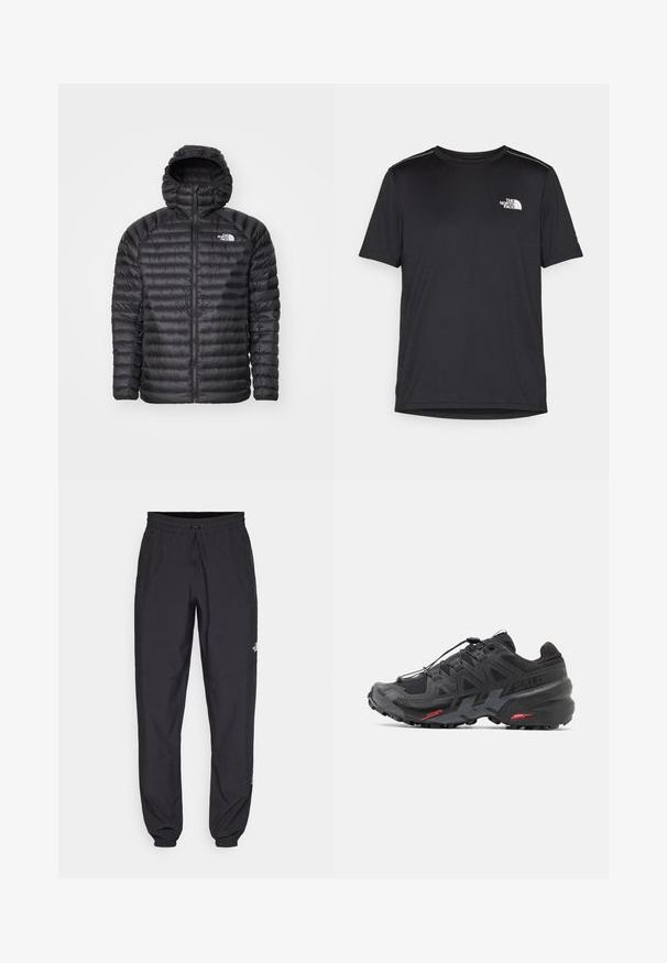 Black padded jacket with a hood, featuring a full zip, quilted texture, and logo on the left chest. Designed for warmth and lightweight comfort.; Black short-sleeve T-shirt made from lightweight fabric. Features a small white logo on the left chest and subtle shoulder accents.; Black athletic pants made from lightweight fabric, featuring a drawstring waistband, side pockets, and tapered cuffs at the ankles.; Black running shoe with synthetic upper, textured design, and contrasting red accents. Features a secured lace system and rugged outsole.