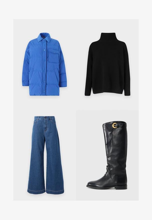 Weekend Max Mara CARLOS - Daunenmantel - bluette; Schwarzer Strickpullover mit hohem, geripptem Kragen, herabgesetzten Schultern und lockerer Passform. Verfügt über gerippte Bündchen und Saum für zusätzliche Textur.; Weite Jeans in mittelblauem Denim, mit hoher Taille, vorderen Taschen und Kontrastnähten entlang der Nähte und Säume.; Schwarzer Lederstiefel bis zum Knie mit runder Zehenpartie, schnürbarem Vorderteil, seitlichem Detail und einer goldenen Akzentgürtel am oberen Ende. Glatte Textur.