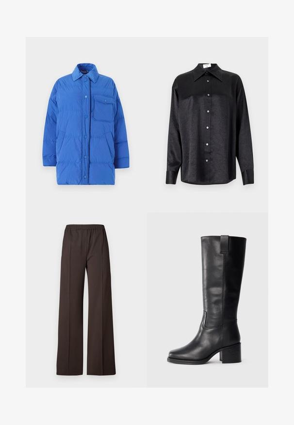 Weekend Max Mara CARLOS - Down coat - bluette; Black long-sleeve shirt with a collared neckline, featuring a crinkled texture, full button front, and cuffs. Made from a smooth fabric.; Wide-leg trousers in dark brown fabric with an elastic waistband, featuring a smooth texture and clean lines for a tailored look.; Black leather knee-high boots with a smooth texture, square toe, block heel, and side pull tab, featuring minimal stitching details.
