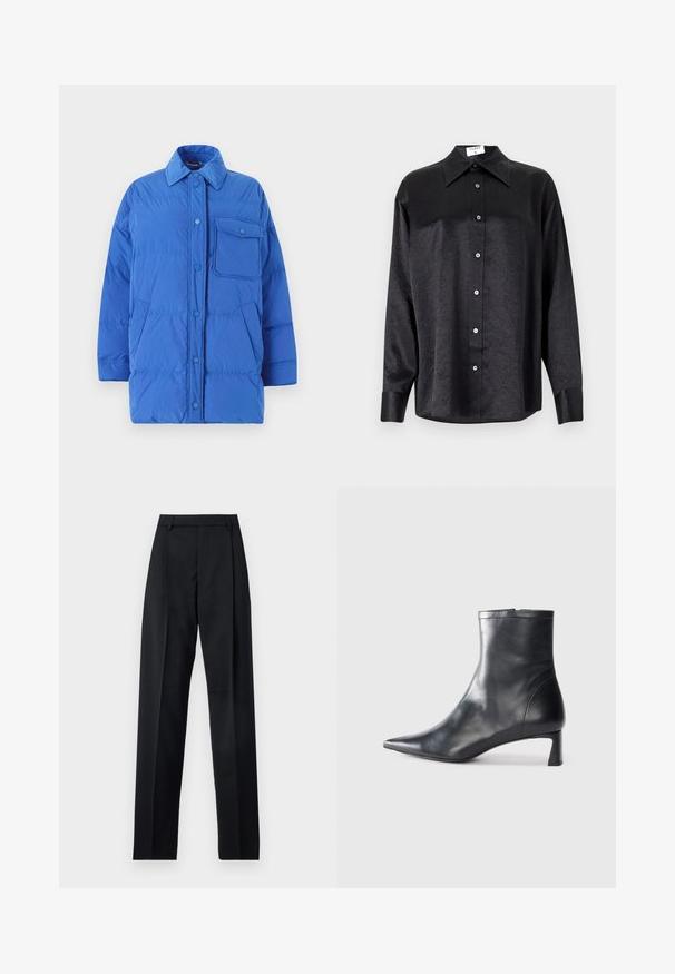 Weekend Max Mara CARLOS - Daunenmantel - bluette; Schwarzes Langarmhemd mit kragenförmigem Halsausschnitt, mit einem zerknitterten Textur, voller Knopfleiste und Manschetten. Hergestellt aus einem glatten Stoff.; Schwarze Hosen aus glattem Stoff mit hoher Taille, weitem Bein, vorderen Falten und klassischen Gürtelschlaufen. Keine sichtbaren Seitentaschen.; Schwarze Lederstiefelette mit spitzer Zehe und schlankem Design. Verfügt über einen niedrigen Absatz und einen Reißverschluss hinten. Glatte Textur.