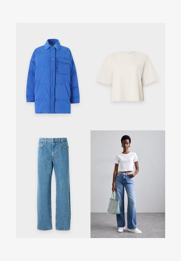 WEEKEND MaxMara CARLOS - Kaput ispunjen paperjem - bluette; Majica boje kreme skraćena je i napravljena od rebrastog materijala, s okruglim izrezom i kratkim rukavima te opuštenim krojem.; Svijetloplave traperice s labavim krojem, visokog struka, s četiri džepa i patentnim zatvaračem. Klasičan dizajn s pet džepova.; Bijela rebrasta kratka majica, svijetloplave široke traperice i bijele tenisice. Drži torbu od džearnog platna u zelenoj i bijeloj prugastoj boji.