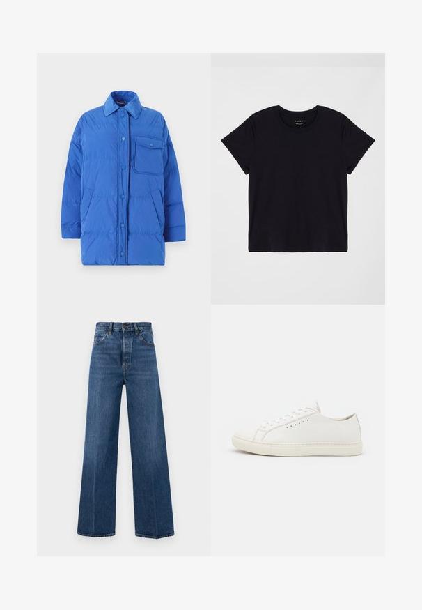 WEEKEND MaxMara CARLOS - Down coat - bluette; Black short-sleeve t-shirt made of soft cotton. Classic round neck design with a simple, unembellished surface and a relaxed fit.; Wide-leg blue jeans made of denim with a high waist, front pockets, and contrast stitching. The fabric has a smooth texture.; White leather sneakers with a smooth texture, round toe, minimal eyelets, and a flat rubber sole. Simple design with no additional accents.