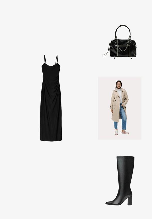 Beige trenchcoat med dobbeltradet design og mørke knapper, parret med en lysegrå sweatshirt og blå jeans, accessorized med sneakers.; Sort midi-kjole med tynde, justerbare stropper, der har et draperet design og en glat tekstur. Ingen synlige mønstre eller udsmykninger.; Sorte knæhøje støvler lavet af imiteret læder med spids tå, glat tekstur og en chunky blokhæl. Minimalistisk design uden synlige detaljer.; Bershka WITH CHAIN - Håndtasker - black