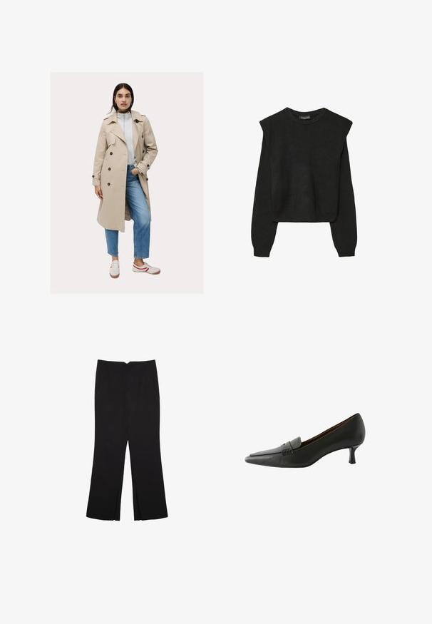 Beige trenčkot s dvouřadým zapínáním a tmavými knoflíky, zkombinovaný se světle šedou mikinou a modrými džíny, doplněný teniskami.; Černý pletený svetr s dlouhými rukávy, vycpanými ramenními částmi a ribbovanými manžetami a lemem, zobrazený na bílém pozadí.; Černé kalhoty s rovným střihem, s předními kapsami a bočními rozparky na lemu. Vyrobené z jemné, hladké tkaniny. Vhodné na různé příležitosti.; Černá kožená botka na podpatku s špičatou špičkou a dekoračním páskem. Má nízký stiletto podpatek a hladkou strukturu.