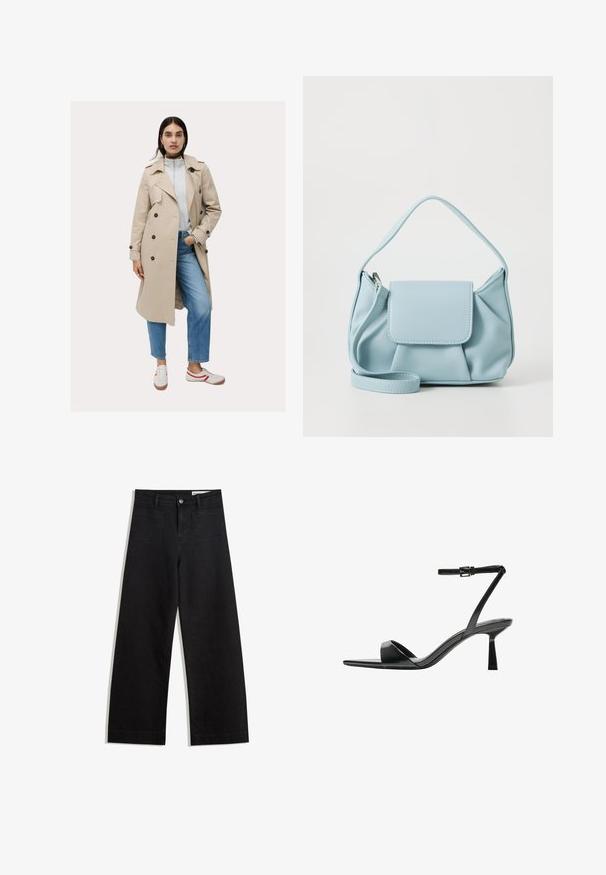 Beige trenchcoat med dobbeltradet design og mørke knapper, parret med en lysegrå sweatshirt og blå jeans, accessorized med sneakers.; Sort striktrøje med lange ærmer, polstrede skuldre og ribkantede manchetter og kant, vist mod en hvid baggrund.; Sorte wide-leg denim bukser med høj talje, der har front- og baglommer, syede sømme og en knaplukning. Glat tekstur.; Bershka Højhælede sandaletter / Højhælede sandaler - black; Lyseblå læderhåndtaske med en top håndtag, frontlomme med klap og detachable håndledsrem på en hvid baggrund.