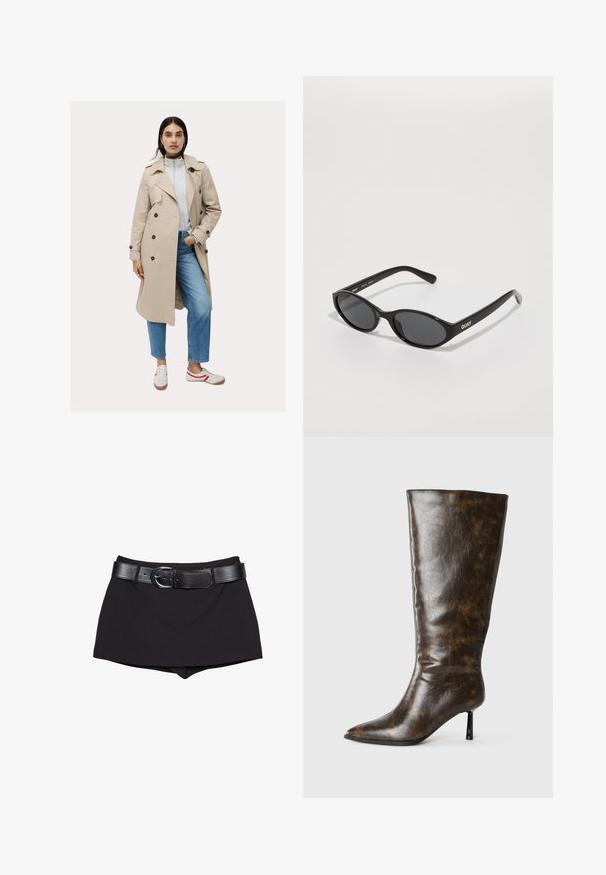 Beige trenchcoat med dobbeltradet design og mørke knapper, parret med en lysegrå sweatshirt og blå jeans, accessorized med sneakers.; Blå strikket ærmeløs vest med V-udskæring, kabelmønster, ribbede kanter og et lille rødt broderet logo på brystet.; Sorte shorts med en glat overflade, der har et bredt sort bælte og en sølv spænde, skåret i et tætsiddende design med en let høj talje.; Brune slidset læder knæhøj støvle med spids tå og tynd stilettohæl på en hvid baggrund.; Sorte solbriller med rundede linser, blank plastisk stel og "QUAY" logo i guld på siden. Har mørke tonede linser.; Pendantsmykke med en tekstureret, metallisk sølv firkantet vedhæng på en sort snor. Bemærkelsesværdige detaljer inkluderer indviklede mønstre og en glat overflade.