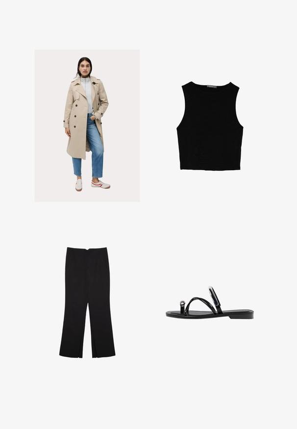 Trench coat beige con design doppiopetto e bottoni scuri, abbinato a una felpa grigia chiara e jeans blu, accessoriato con sneakers.; Top corto senza maniche nero realizzato in tessuto liscio, con scollatura rotonda e un design pulito e semplice, privo di pattern o accessori.; Pantaloni neri a gamba dritta, con tasche frontali e spacchi laterali all'orlo. Realizzati in tessuto morbido e liscio. Adatti a diverse occasioni.; Infradito neri con una finitura lucida, tre sottili cinturini e un dettaglio hardware circolare sulla punta. Design elegante con un tacco minimale.