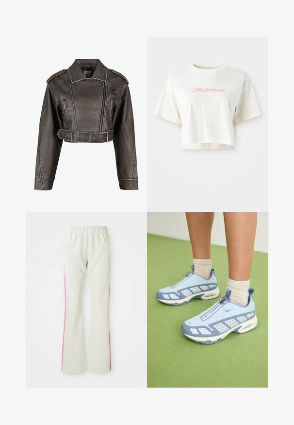 Jachetă din piele artificială gri, tăiată, cu guler tip notch, design cu două rânduri de nasturi, fermoar frontal și talie cu curea. Are buzunare laterale.; Tricou scurt, de culoare crem, realizat din bumbac. Prezintă un logo brodat roz care spune "Nike Sportswear". Are mâneci scurte și guler rotund.; Pantaloni bej deschis cu talie elastică, având panouri laterale roz și buzunare laterale. Textură netedă cu un design drept.; Încălțăminte sport de culoare albastru deschis cu accente albe, panouri texturate și închidere cu fermoar. Are o talpă vizibilă cu pernuțe de aer și o talpă exterioară din cauciuc.