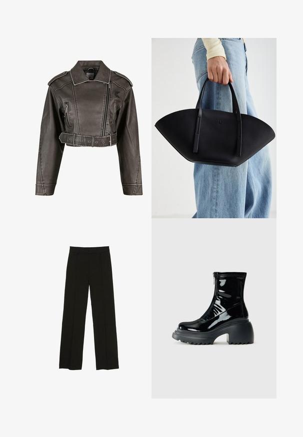 Skrajšana siva usnjena jakna z izrezanim ovratnikom, dvonabojnim dizajnom, sprednjim zadrgo in pasom. Ima stranske žepe.; Črna kratka majica s kratkimi rokavi in okroglim izrezom. Iz gladke, raztegljive bombažne tkanine. Preprost dizajn brez vzorcev ali grafike.; Črne široke hlače iz gladkega materiala, z oprsnikom in diskretnimi sprednjimi plisami za dodano teksturo.; Svetleče črne platforme gležnarji z zaobljenim nosom, masivnim peto, zadrgo in debelim rebrastim podplatom na beli podlagi.; Črna usnjena torbica z edinstveno obliko ventilatorja, z ravnimi ročaji. Površina ima teksturo z drobnimi kamni in minimalističen dizajn.