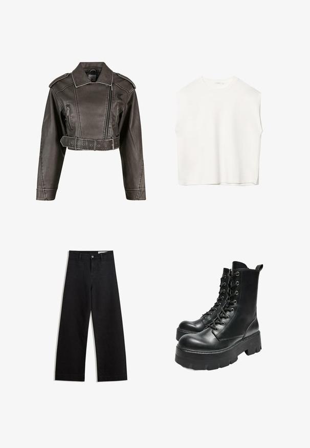 Skraćena siva jakna od umjetne kože s oštrim ovratnikom, dvostrukim zatvaranjem, prednjim zatvaračem i strukom s remenom. Ima bočne džepove.; Bijela bezrukavna majica s opuštenim krojem, okruglim izrezom, glatkom teksturom i ravnim rubom. Jednostavan dizajn bez uzoraka ili hardvera.; Crne široke traperice s visokim strukom, s prednjim i stražnjim džepovima, šivenim šavovima i kopčanjem na gumb. Glatka tekstura.; Bershka TRACK - Gležnjače s platformom - black