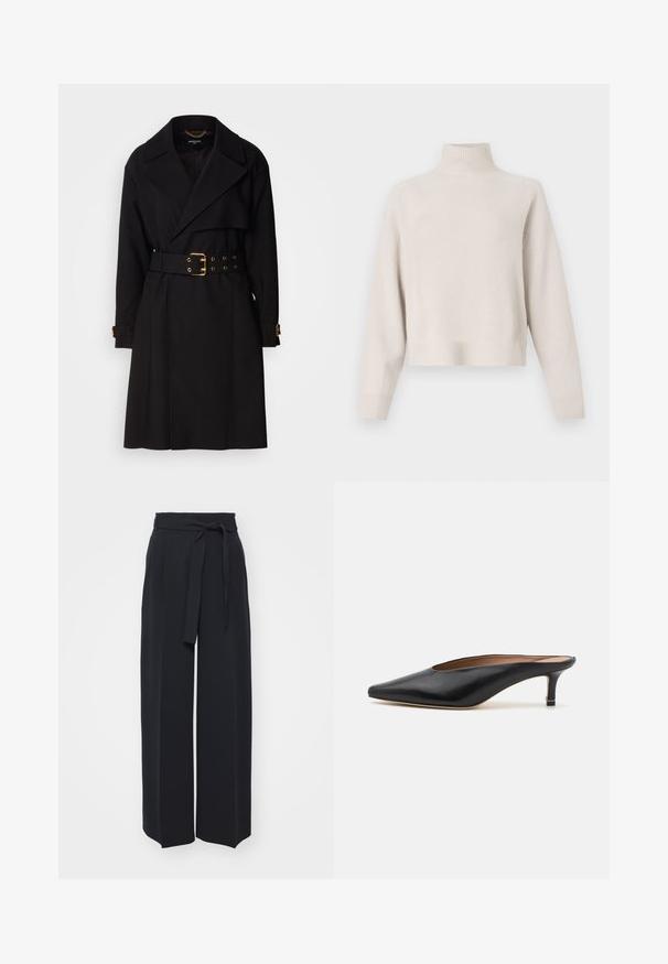 Zwarte trenchcoat met een dubbelzijdig ontwerp, brede revers, een taille met riem en gouden accenten, en manchetten met gespen. Gladde textuur.; Lichtbeige coltrui gemaakt van zachte stof. Kenmerkt zich door een relaxte pasvorm, ribbelboorden en lange mouwen. Minimalistisch ontwerp.; Zwarte wijde broek van zachte stof. Voorzien van een ceintuur en plooien aan de voorkant. Glad textuur met een strakke, hedendaagse stijl.; Zwarte leren muiltjes met een puntige neus en een lage, blokhak. Glad oppervlak met een gestroomlijnd ontwerp. Open achterkant met minimale details.