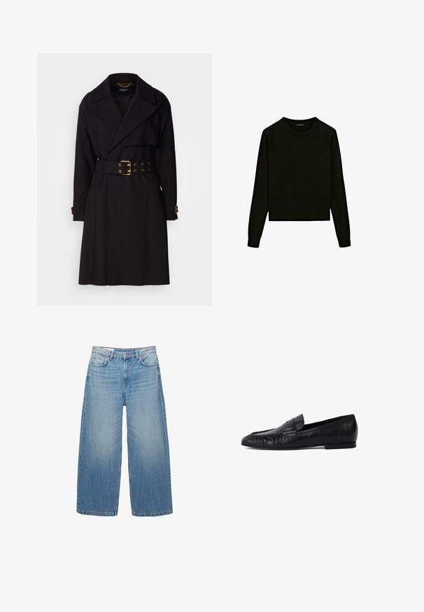 Cappotto lungo nero con design doppiopetto, ampi revers, vita con cintura dotata di dettagli in oro e fasce sui polsini. Texture liscia.; Maglione nero a maglia con scollo rotondo, maniche lunghe e design cropped. Realizzato in un materiale morbido con una texture liscia.; Jeans a gamba larga di un blu chiaro in denim, con un classico design a cinque tasche e chiusura con bottone. Texture scolorita in tutta la superficie.; Mocassini in pelle nera con punta arrotondata, dettagli cuciti sul davanti e suola piatta. Design minimalista con un sottile accento del logo.