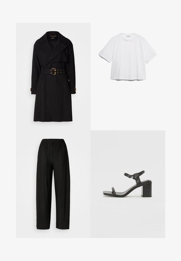 Cappotto lungo nero con design doppiopetto, ampi revers, vita con cintura dotata di dettagli in oro e fasce sui polsini. Texture liscia.; T-shirt bianco in cotone con maniche corte, scollo rotondo, vestibilità rilassata e senza motivi o grafiche visibili. Texture liscia e design semplice.; Pantaloni neri a gamba larga plissettati con vita elastica. Il tessuto presenta pieghe verticali e una consistenza liscia.; Sandalo in pelle nera con tacco a blocco e una fascia larga sopra le dita, dotato di una cinghia regolabile alla caviglia, caratterizzato da un design elegante e minimalista.