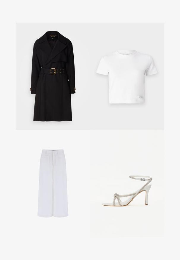 Trench coat negru cu un design cu două rânduri de nasturi, rever larg, talie cu curea dotată cu accesorii din aur și curele la mansete. Textură netedă.; Tricou alb scurt, realizat din bumbac neted, cu gât înalt și mâneci scurte. Logo mic brodat în colțul de jos.; Pantaloni albi cu pantaloni largi, cu o textură netedă, având două buzunare frontale și închidere cu nasture, concepuți pentru o potrivire lejeră.; Sandalie albe cu toc înalt, cu o curea texturată ce prezintă strasuri, design cu vârf deschis și curea pentru gleznă cu cataramă ajustabilă.