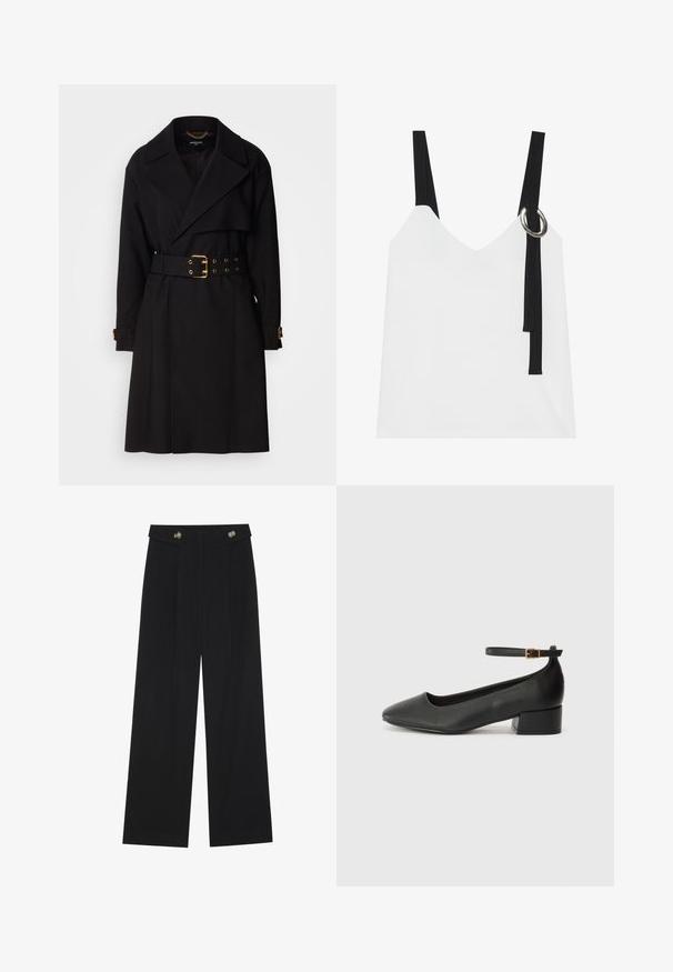 Mustat trench-takit, joissa on kaksirivinomainen muotoilu, leveät kaulukset, vyö, jossa on kultaiset detaljit, ja hihansuiden remmit. Silkkinen pinta.; Valkoinen hihaton paita, jossa on V-pääntie, mustat hihnat ja hopeinen renkaallinen yksityiskohta. sileä kangas ja moderni, minimalistinen muotoilu.; Mustat leveälahkeiset housut, joissa on korkea vyötärö, napit vyötärönauhassa ja etupuolella laskokset.; Mustat nahkakengät, joissa on terävä kärki ja matala lohkare korko. Varustettu nilkkahihnalla, jossa on kultasävyinen solki. Lisää sileä pinta.