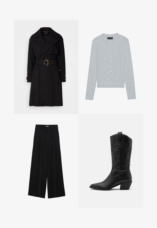 Fekete trench kabát, dupla soros gombolással, széles hajtókákkal, övvel a derékon arany színű fémrészletekkel és mandzsettagombokkal. Simább textúrájú.; Világosszürke, hosszú ujjú kardigán, kerek nyakkivágással, öt gombos nyitással, fényes, kerek gombokkal és testhez álló fazonnal.; Fekete, bő szárú nadrág, texturált anyagból, rugalmas derékpánttal és levehető sállal a derekán, amely állítható illeszkedést biztosít.; Fekete bőr cowboy csizma hegyes orral, dombornyomott csavart mintákkal és közepes magasságú sarokkal. A könnyű felhúzást segítő húzófüllel rendelkezik.