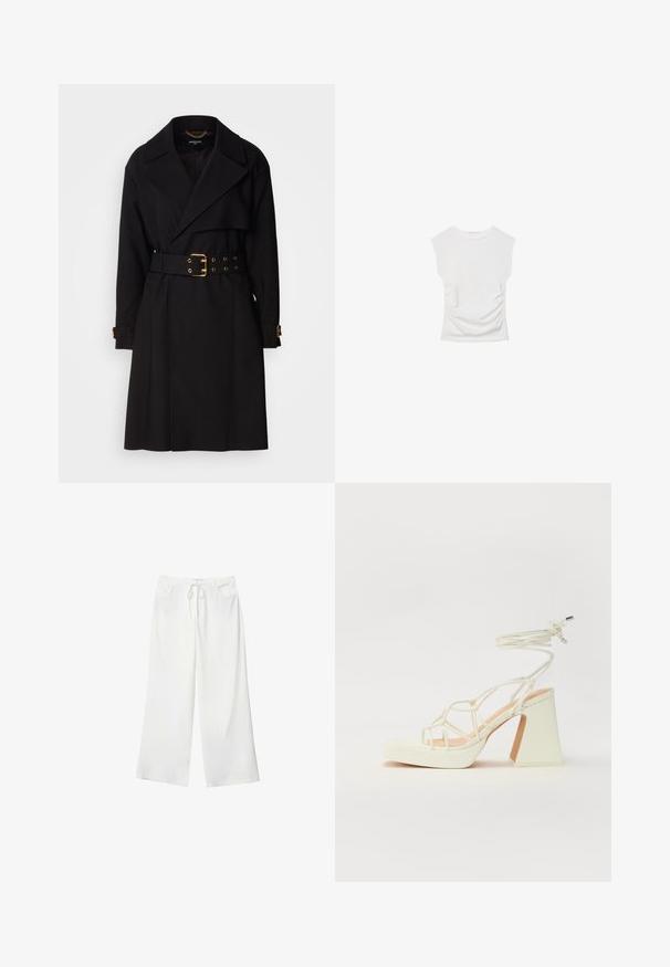 Sort trenchcoat med en dobbeltbrystet design, brede klaffer, bælte i taljen med guldhardware og manchetremme. Glat tekstur.; Hvid kortærmet top med rund halsudskæring. Har samlet tekstur langs siderne og en tilpasset silhuet, lavet af blødt, strækbart materiale.; Hvide bukser med vidde lavet af blødt stof, med bindebånd i taljen og to forlommer. Glat tekstur og uden synlige mønstre.; Hvide højhælede sandaler med en kraftig hæl, der har et stropdesign og ankelbinding. Glat tekstur med en platform foran for ekstra højde.