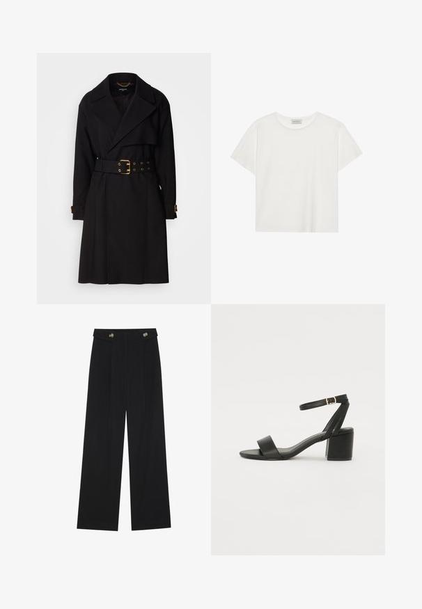Black trench coat with a double-breasted design, wide lapels, belted waist featuring gold hardware, and cuff straps. Smooth texture.; White short-sleeve T-shirt made of soft cotton. Features a round neckline and relaxed fit. Clean design with no visible patterns or accents.; Black wide-leg trousers with high waist, button details on waistband, and front pleats.; Black heeled sandal featuring a smooth leather upper, an open toe, wide front straps, and adjustable ankle strap with a gold buckle detail.