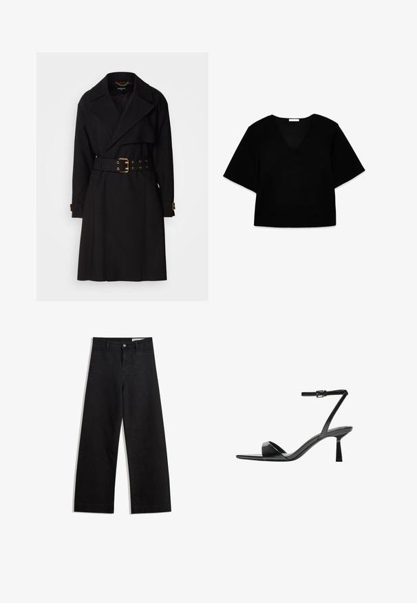 Black trench coat with a double-breasted design, wide lapels, belted waist featuring gold hardware, and cuff straps. Smooth texture.; Black V-neck short-sleeve top with a loose fit. Made of soft fabric, it features a simple design and clean lines without patterns or accents.; Black wide-leg denim pants with a high waist, featuring front and back pockets, stitched seams, and a button closure. Smooth texture.; Bershka High heeled sandals - black
