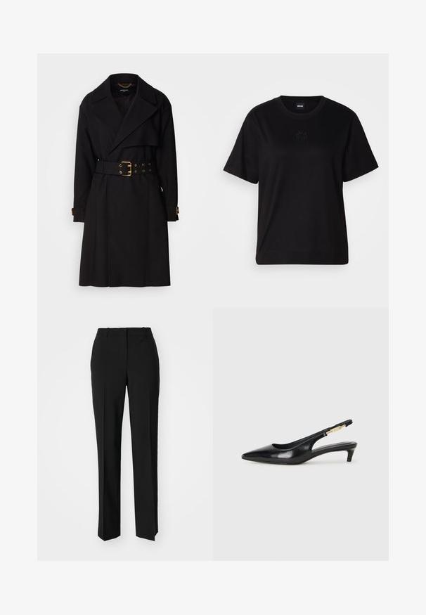 Cappotto lungo nero con design doppiopetto, ampi revers, vita con cintura dotata di dettagli in oro e fasce sui polsini. Texture liscia.; Maglietta in cotone nera con scollatura tonda, maniche corte e logo ricamato sul petto. Design semplice e vestibilità rilassata senza motivi.; Pantaloni neri su misura con un design a gamba dritta, caratterizzati da una texture liscia e pieghe ben definite sul davanti. Senza hardware visibile.; Tacchi slingback in pelle nera con punta affusolata, caratterizzati da un tacco alto e un accento dorato sulla cinghia regolabile. Texture liscia.