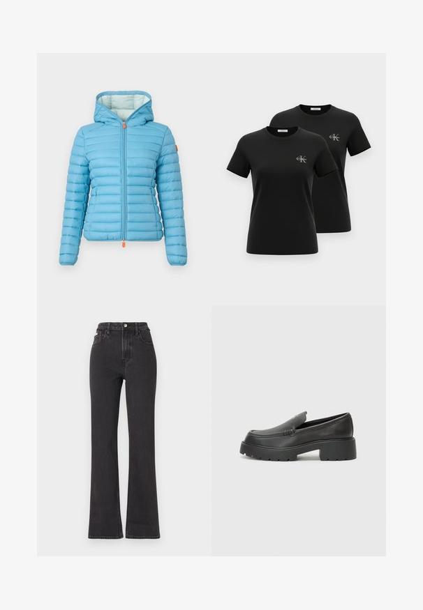 Casaco puffer azul claro com design acolchoado horizontal, capuz ajustável e fecho frontal com um puxador laranja. Forro interior suave.; Duas t-shirts pretas de manga curta com decote redondo e pequenos logotipos cinzentos "CK Calvin Klein" no lado esquerdo do peito, apresentadas num fundo branco.; Jeans flared pretos de cintura alta feitos de denim, com fecho de botão, passadores para cinto e bolsos laterais. Textura suave com desbotamento mínimo.; Mocassins de couro preto com bico arredondado, sola espessa e texturizada, e detalhes de costura minimalistas. Design elegante sem atacadores ou ferragens visíveis.