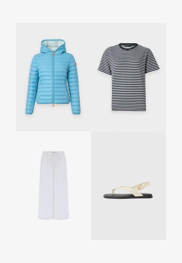 Light blue puffer jacket with horizontal quilted design, adjustable hood, and a front zipper featuring an orange pull tab. Soft inner lining.; Striped t-shirt featuring black and white horizontal stripes, crew neckline, and short sleeves. Made of soft, lightweight fabric.; White wide-leg trousers with a smooth texture, featuring two front pockets and a button closure, designed for a relaxed fit.; Flat sandals with a black sole. Upper features cross straps in beige, with a gold buckle detail on the ankle strap. Smooth texture.