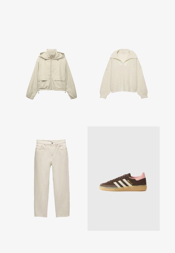 Lys beige cropped jakke, lavet af letvægtsmateriale, med lynlås fortil, hætte, to forlommer og justerbare snore i kanten.; Sweater i off-white, lavet af chunky strikmateriale. Har en bred krave, droppede skuldre og ribbede kanter og manchetter. Bokset design.; Hvide denim jeans med en afslappet pasform, der har lige ben, fem-lomme design og metal hardware med en subtil tekstur.; adidas Originals HANDBALL SPEZIAL UNISEX - Sneakers - dark brown/alumina/wonder mauve