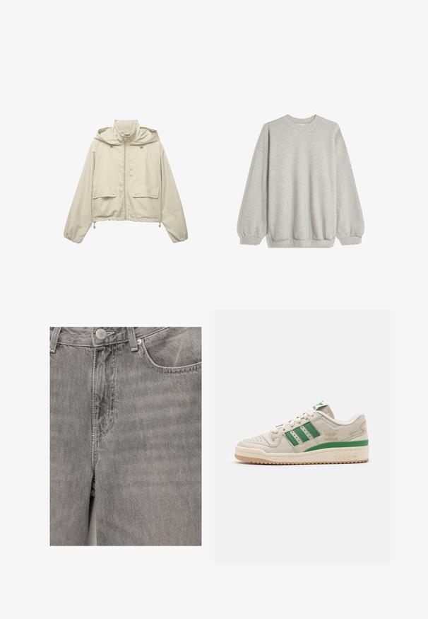 Svetlo bež skrajšana jakna, izdelana iz lahkega materiala, z zadrgo spredaj, kapuco, dvema sprednjima žepoma in nastavljivimi vrvicami na robu.; Siv sweatshirt iz mehkega blaga, z okroglim izrezom, dolgimi rokavi z elastičnimi manšetami in sproščenim krojem. Brez vzorcev ali dodatkov.; Sive jeansa iz denima z gladko teksturo, ki vključujejo sprednje gumb in zadrgo, stranske žepe ter subtilne šive.; Adidas teniske z zgornjim delom iz bež usnja, zelenimi črtami in gumijastim podplatom. Imajo oblazinjeno ovratnik in perforiranodd zanjto za boljšo zračnost.